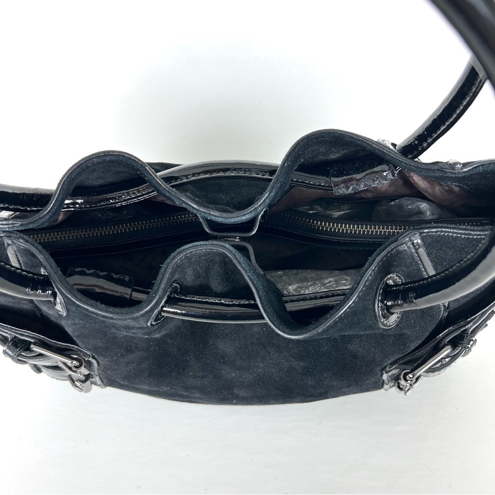 COLE HAAN Black Suede w Patent Leather Side Buckle Pockets Shoulder Bag Tote - Picture 8 of 14